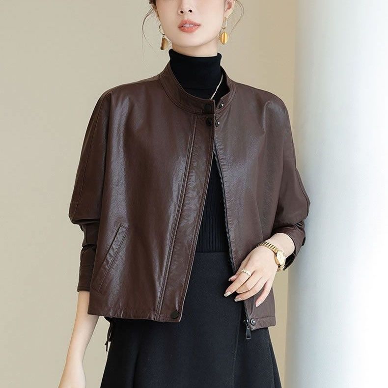  new autumn and winter new leather jacket women's short leather jacket spring and autumn new style Maillard loose stand collar jacket