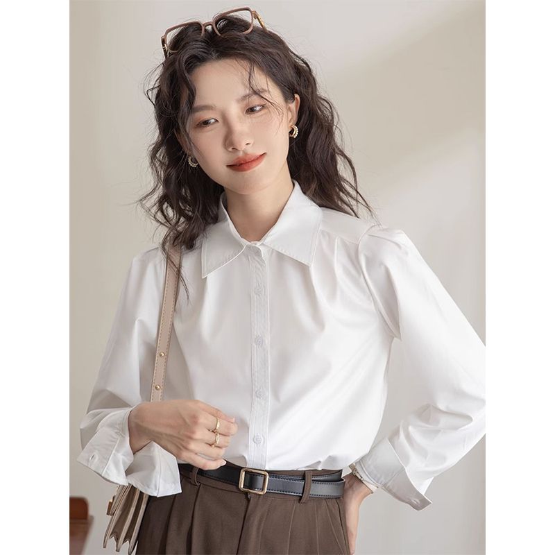 高級感白色襯衫女春秋新款長袖翻領內搭襯衣簡約通勤氣質小眾上衣