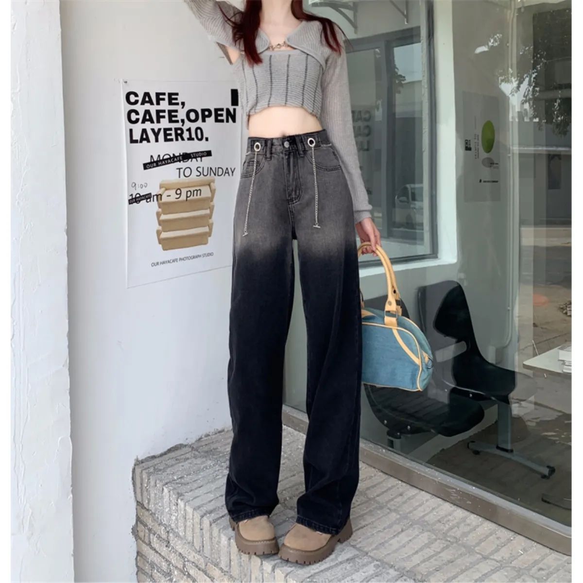 設計感美式高街直筒獨特别致長褲小眾女秋季寬鬆顯瘦漸變黑牛仔褲