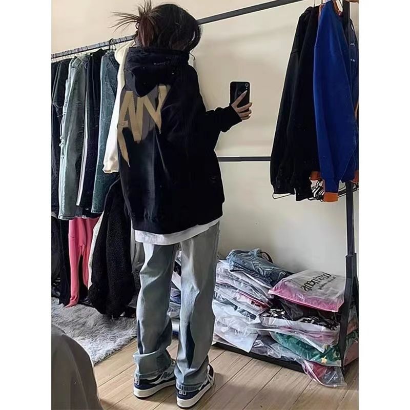美式復古衛衣女oversize潮牌加絨連帽衛衣春秋冬季情侶裝上衣外套