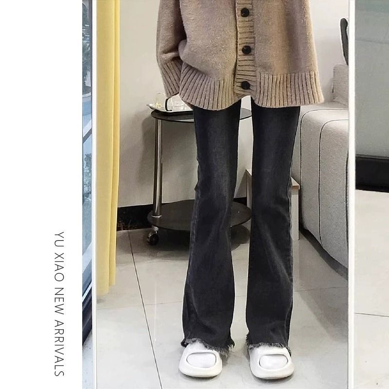 梨形身材微喇牛仔褲女春秋高腰顯瘦毛邊彈力直筒馬蹄褲喇叭褲長褲
