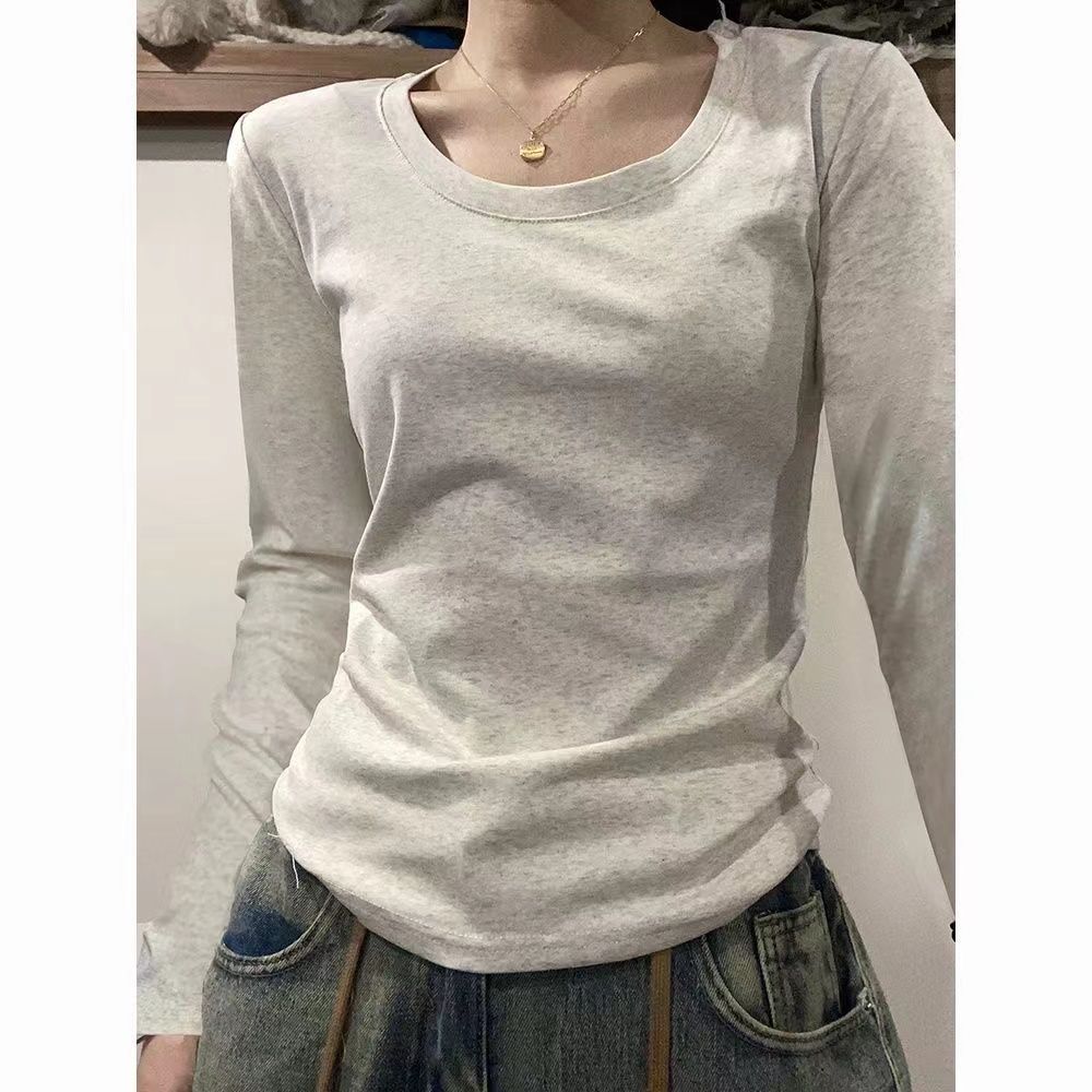 美式正肩u領長袖打底衫女秋季新款百搭修身露鎖骨顯瘦內搭上衣ins