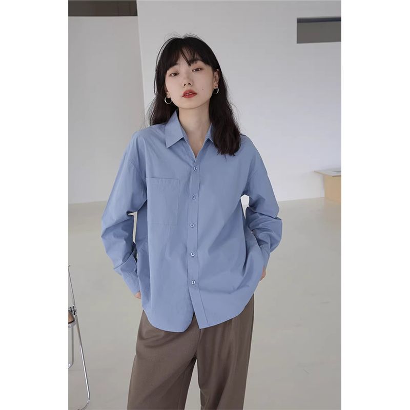 簡約藍色長袖襯衫女春秋季薄款疊穿內搭襯衣通勤簡約寬鬆氣質上衣