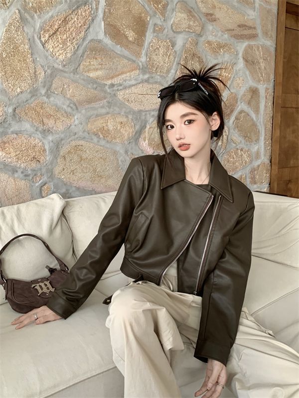 Suit leather jacket for women 2023 autumn and winter new design high-end street retro coffee color pu leather short zipper jacket