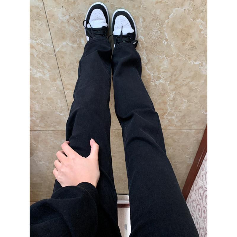 BF風純黑色直筒牛仔褲女秋季新款時尚百搭高腰修身顯瘦煙管長褲