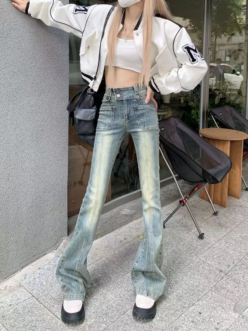 設計感藍色辣妹微喇牛仔褲女秋季新款復古彈力修高腰身顯瘦喇叭褲