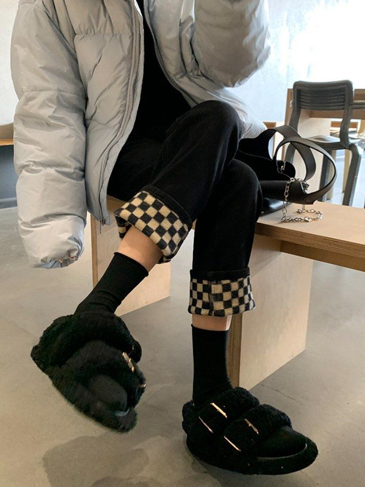 大碼黑色牛仔褲女冬季加絨卷邊棋盤格直筒褲胖mm顯瘦闊腿褲子