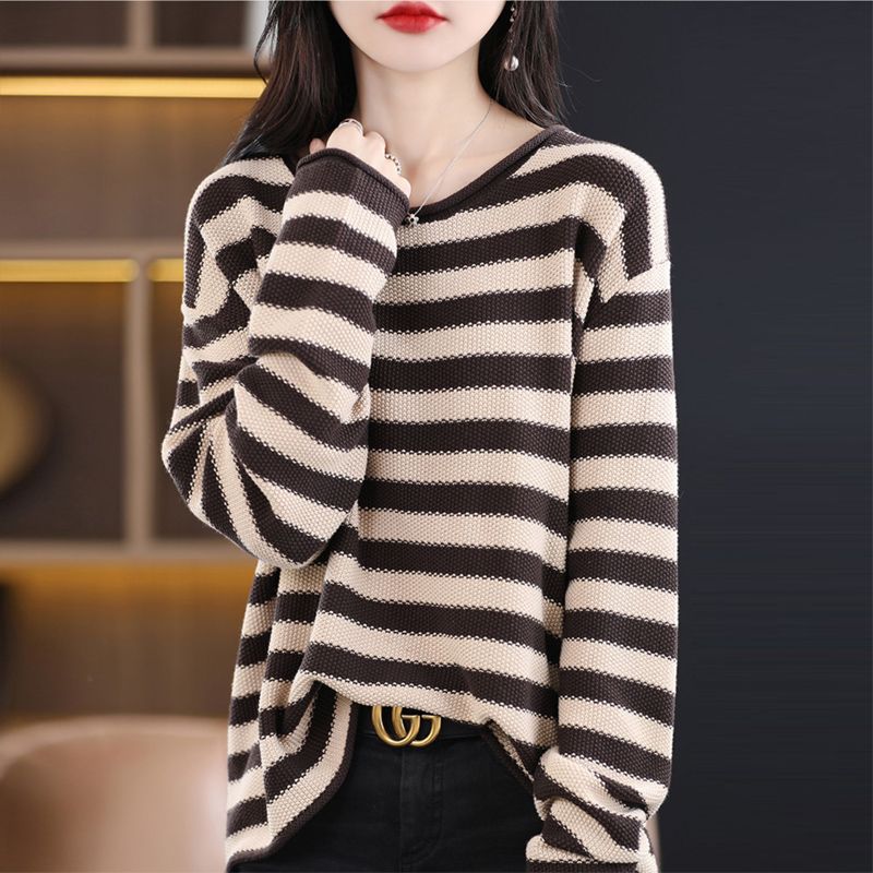 [Counter Quality] Striped Knitted Sweater Loose Round Neck Women's 2023 New Autumn and Winter Versatile Sweater Bottoming Shirt