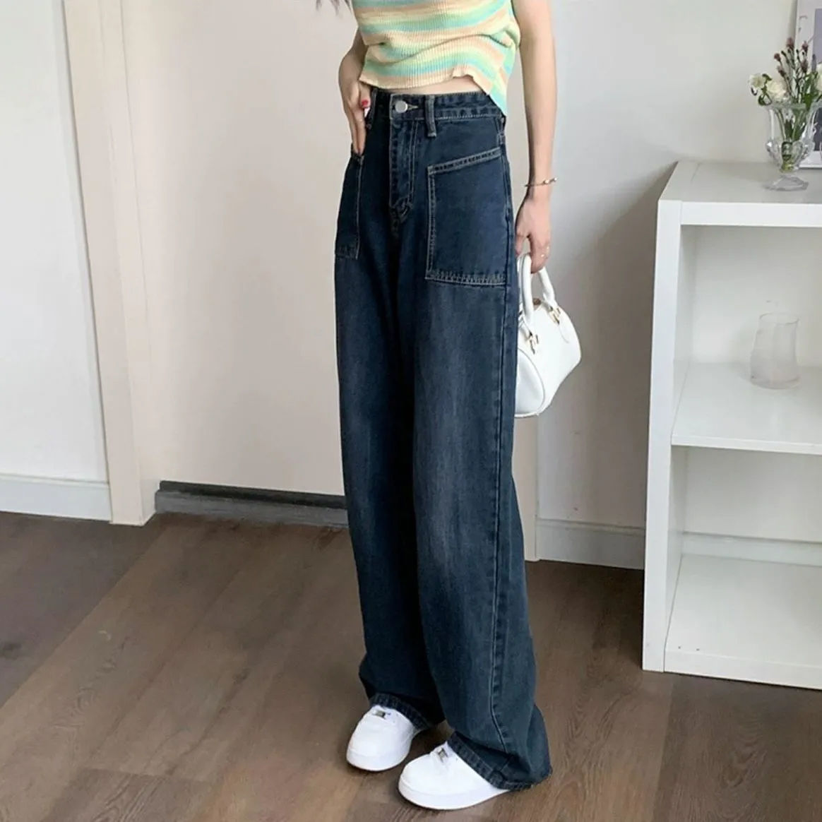 復古港風牛仔褲女秋季ins新款長褲高街褲子高腰顯瘦直筒闊腿褲潮