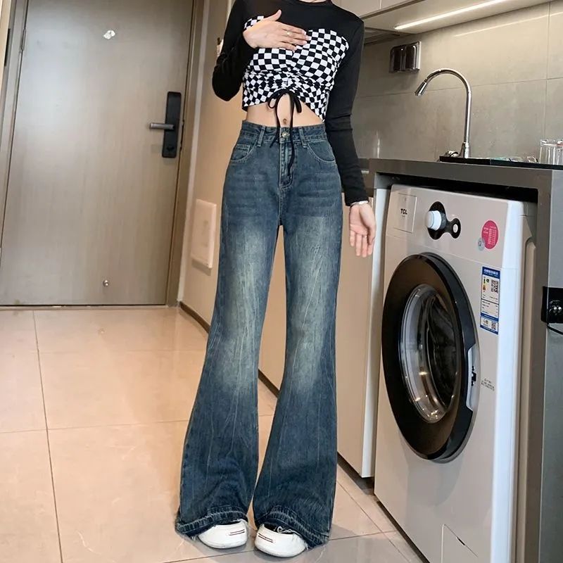 美拉德復古毛邊微喇牛仔褲女2023秋冬高腰寬鬆顯瘦闊腿喇叭褲子潮