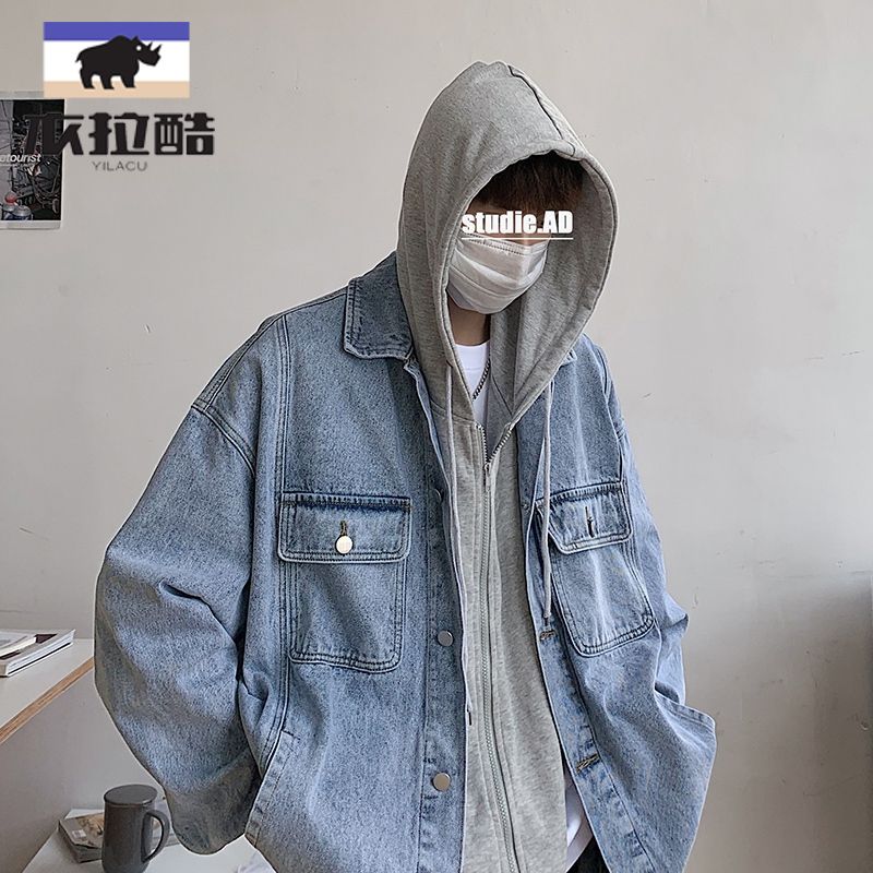 學生男痞帥牛仔夾克春秋ins連帽寬鬆百搭外套潮流韓版假兩件上衣