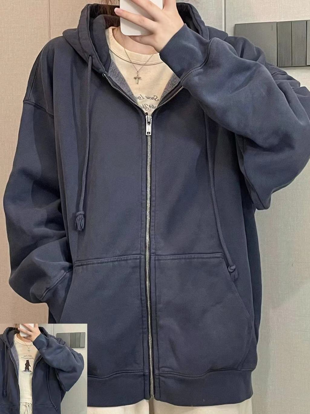 超顯白藏藍色連帽衛衣外套女秋季oversize寬鬆垂墜感慵懶拉鏈外穿