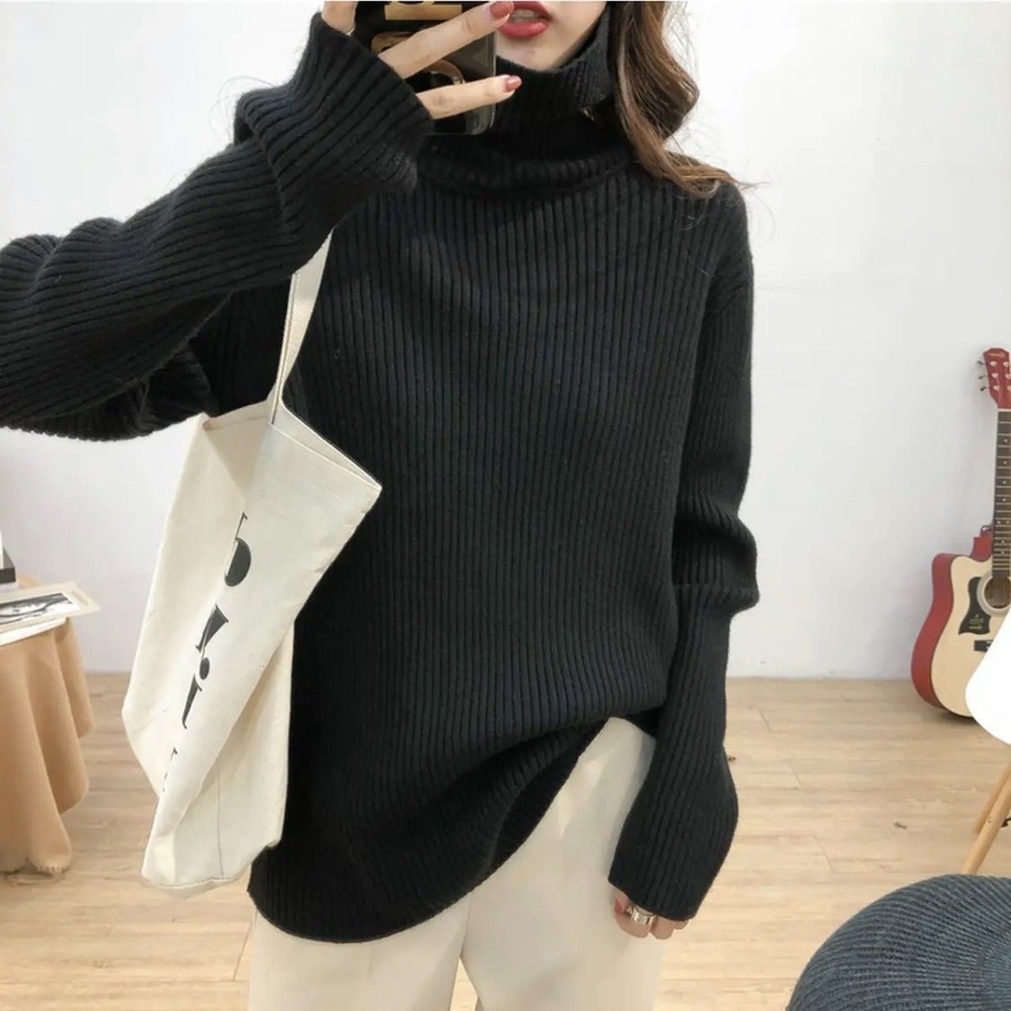 [Thickened Style] Turtleneck Sweater Women's Autumn and Winter Lazy Style Loose Pullover pitted Western Style Sweater Can be worn inside or outside
