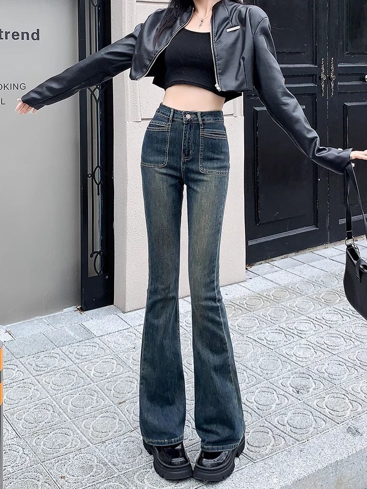 復古美式微喇叭牛仔褲女2023年秋冬新款高腰彈力顯瘦拖地馬蹄長褲