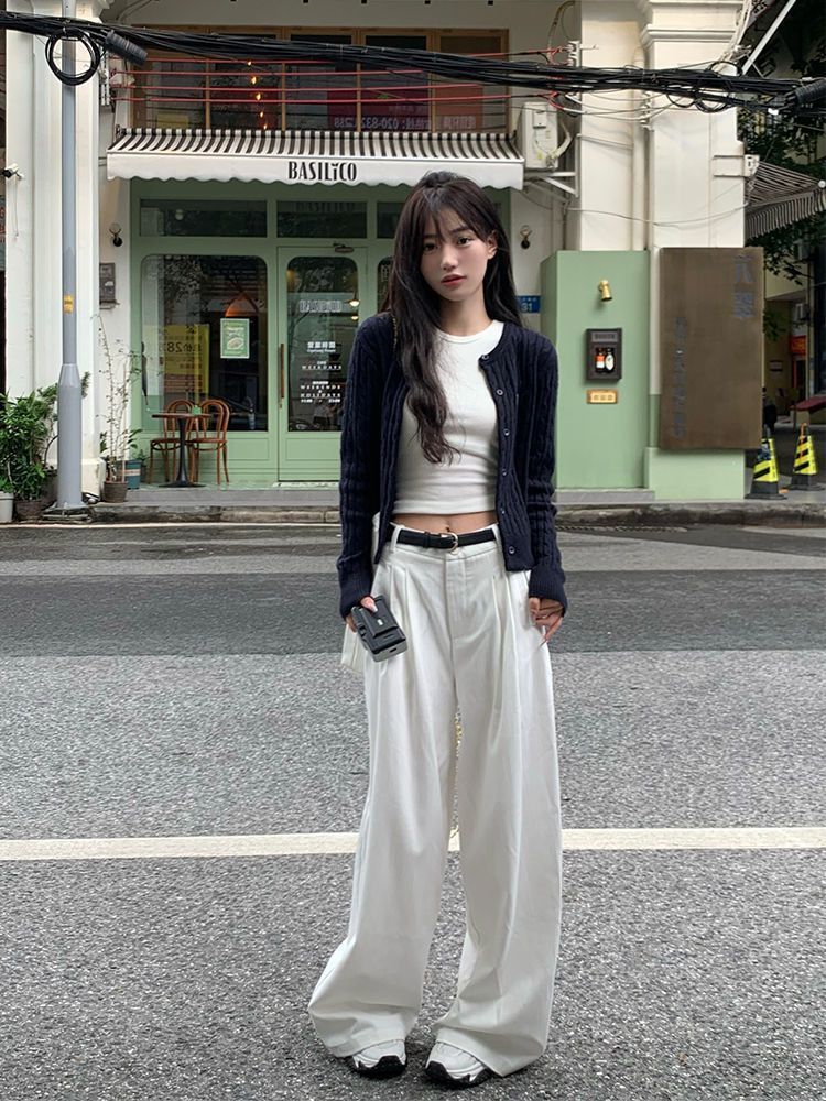高腰寬鬆牛仔褲女2023秋季新款純色垂感顯瘦拖地闊腿褲子直筒褲