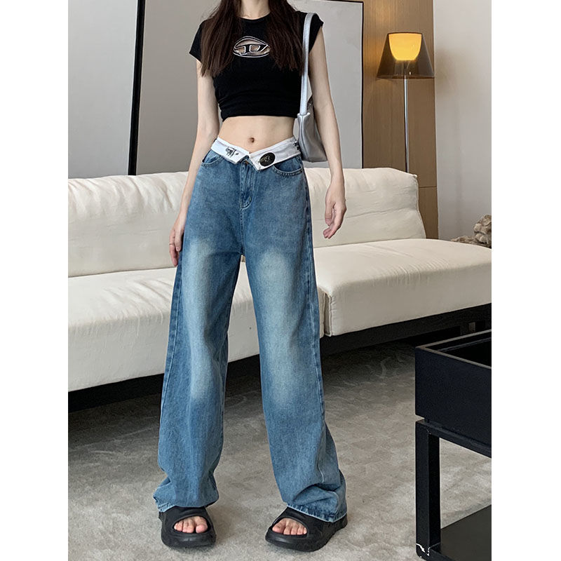 女秋季韓版小個子修身顯瘦闊腿褲高腰直筒寬鬆梨形身材翻邊牛仔褲