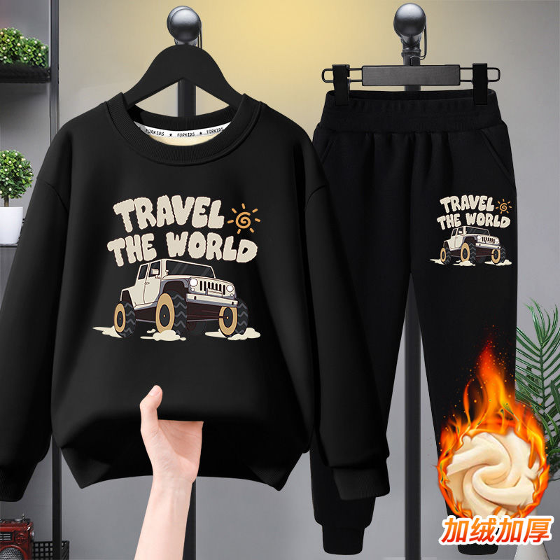 Boys' velvet sweatshirt and trousers suit 2023 new medium and large children's clothing autumn and winter one-piece velvet warm two-piece set trendy
