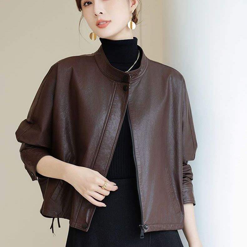  new autumn and winter new leather jacket women's short leather jacket spring and autumn new style Maillard loose stand collar jacket