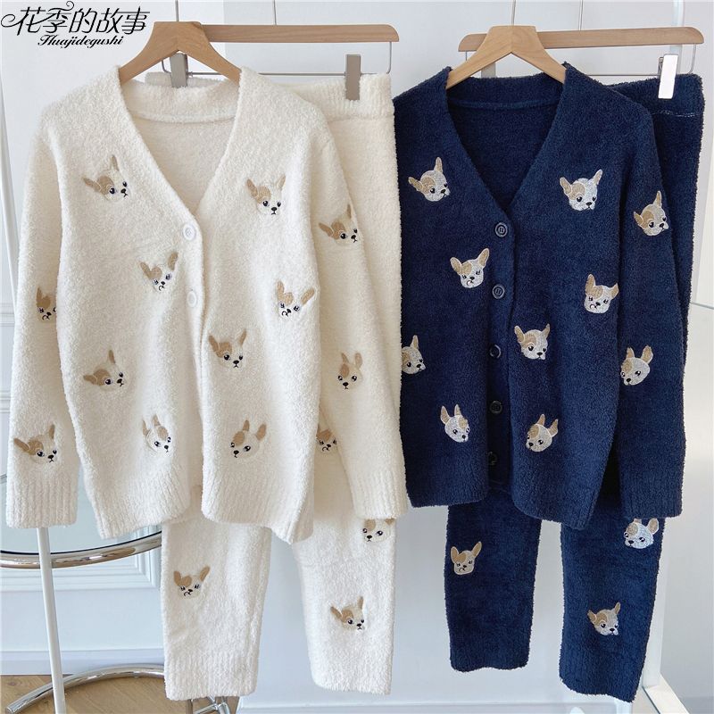 The story of the flower season, half velvet pajamas for women, winter long-sleeved couple's style plus velvet, Internet celebrity's popular French dog fighting home clothes