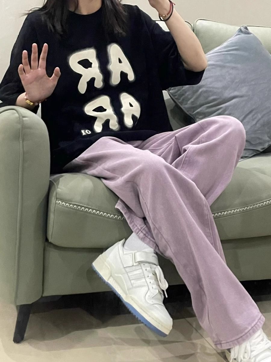 美式復古百搭做舊紫色闊腿牛仔褲女秋季設計感小眾寬鬆直筒褲長褲