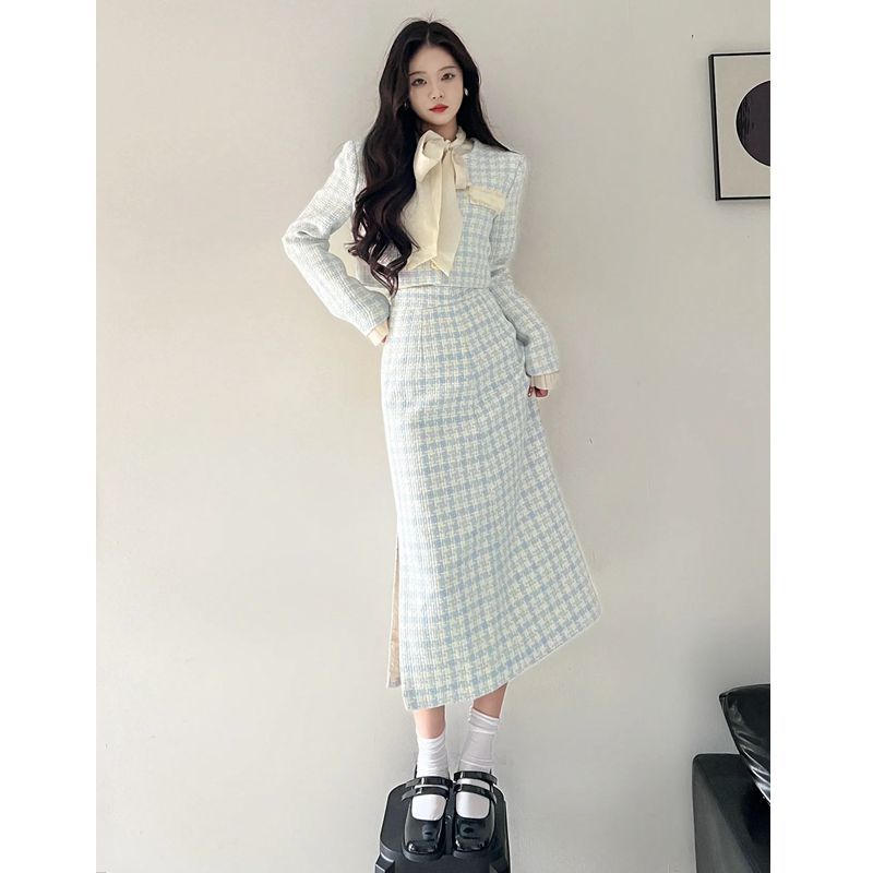 秋季套裝女藍色小香風短外套+高腰中長款半身裙+蝴蝶結襯衫三件套