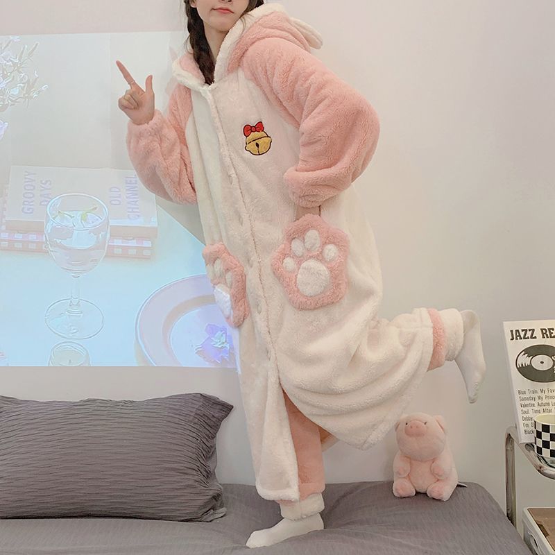 胖mm大碼睡袍女冬季加厚女士甜美法蘭絨秋冬中長款浴袍家居服套裝