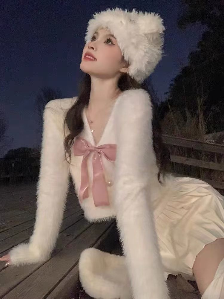 XJ家奶系早秋新款女裝軟糯風高級時尚長袖V領蝴蝶結氣質開衫上衣