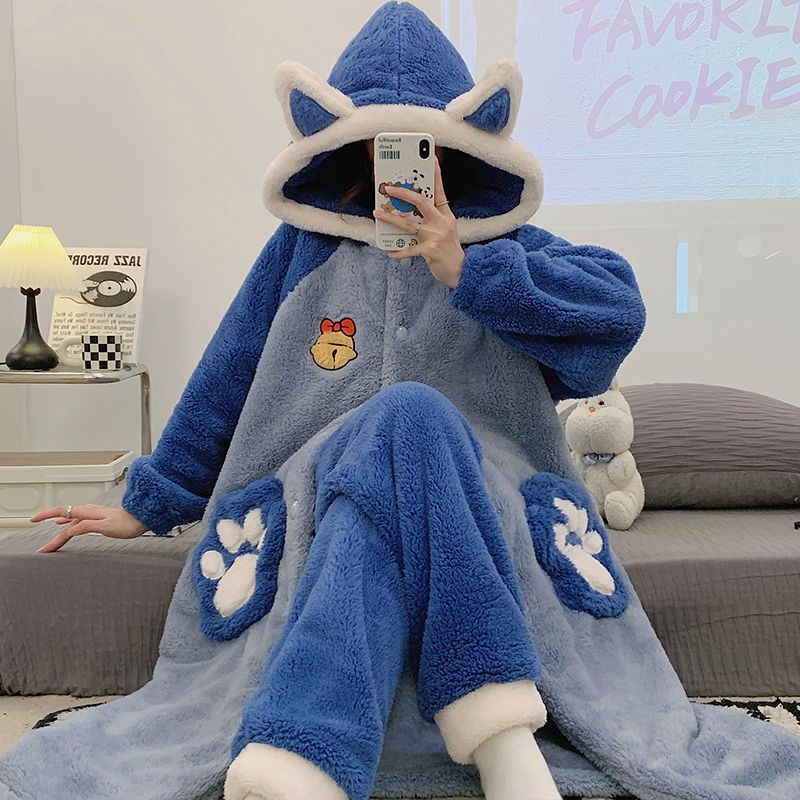 珊瑚絨睡衣女秋冬季加厚加絨學生可愛冬天睡袍女家居服套裝可外穿