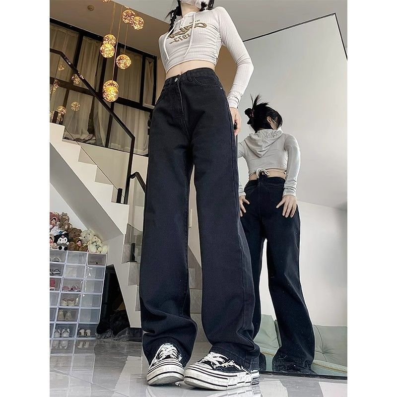 黑色加絨牛仔褲女冬季大碼胖mm顯瘦高腰寬鬆直筒闊腿梨形身材褲子