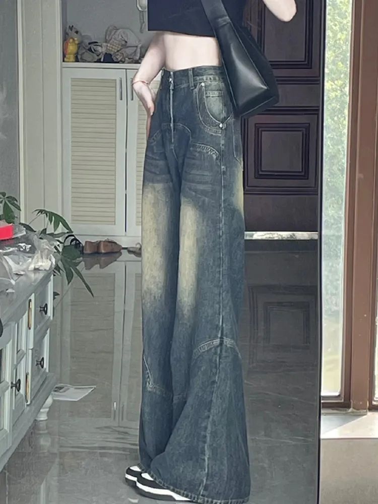 水泥灰復古闊腿牛仔褲女2023秋冬新款高腰寬鬆顯瘦直筒加長拖地褲