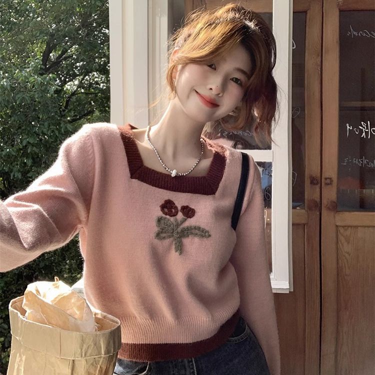 Pink square neck right shoulder bottoming pullover sweater for women spring autumn winter new style short style inner sweater design niche