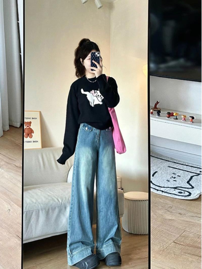 2023新款秋冬時髦設美式計感寬鬆牛仔褲女百搭高腰闊腿褲潮流