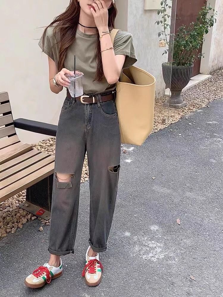 復古破洞哈倫牛仔褲女2023秋冬新款設計感高腰顯瘦九分老爹直筒褲