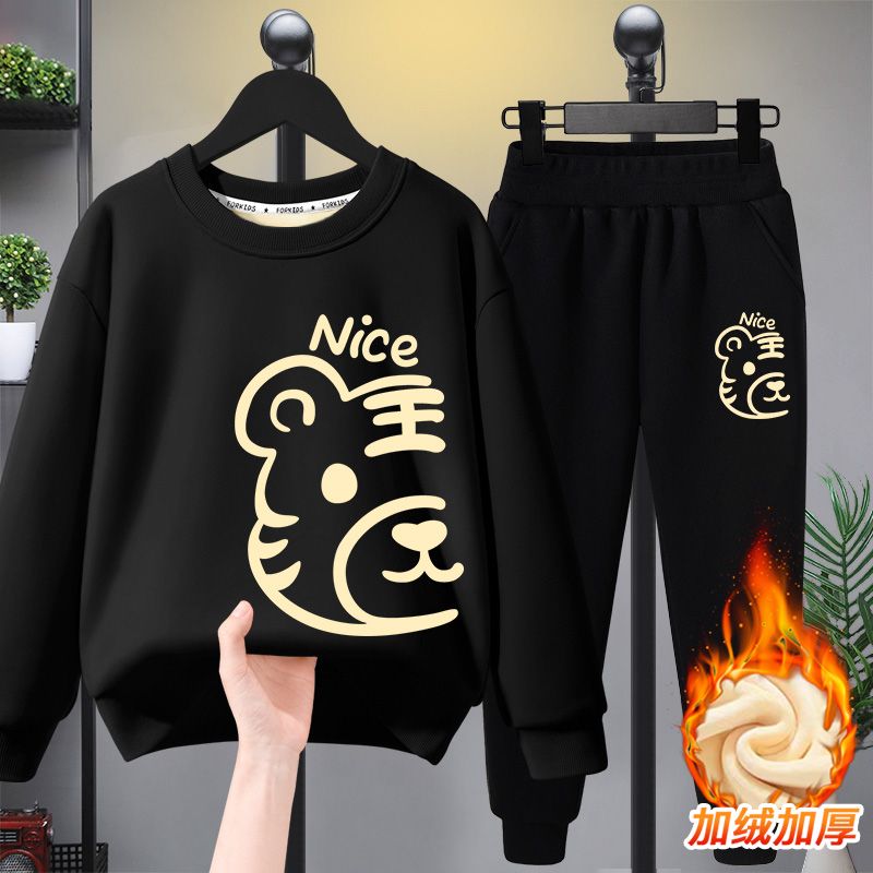 Boys' fleece winter sweatshirt and trousers two-piece set 2023 new one-piece fleece thickened warm top sportswear trend