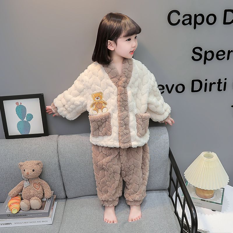 女童秋冬款法蘭絨睡衣女寶寶珊瑚絨套裝卡通保暖嬰幼兒童家居服冬