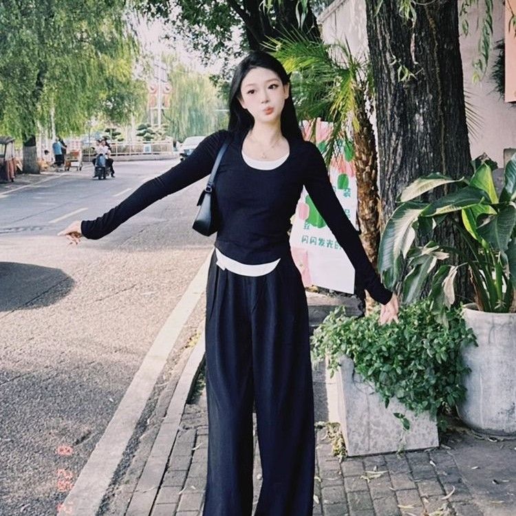秋冬新款U領極簡針織衫女撞色假兩件拼接韓系氣質高級感時髦上衣