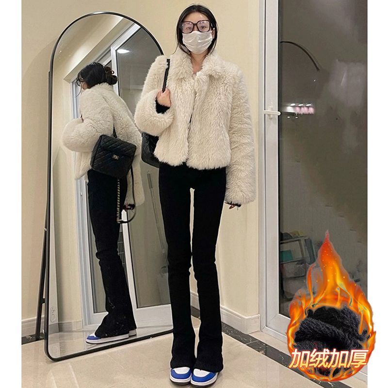 加絨/不加絨 秋冬黑色百搭緊身微喇牛仔褲女彈力修身喇叭褲長褲子
