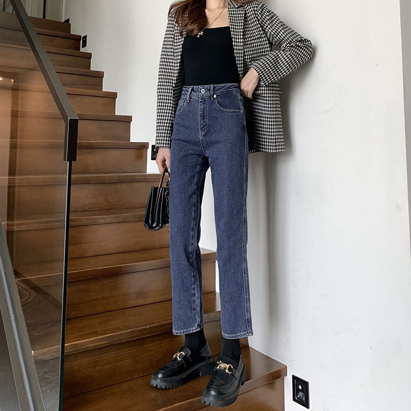 高腰寬鬆顯瘦顯高小個子九分牛仔褲女2023秋季新款藍灰爆款直筒