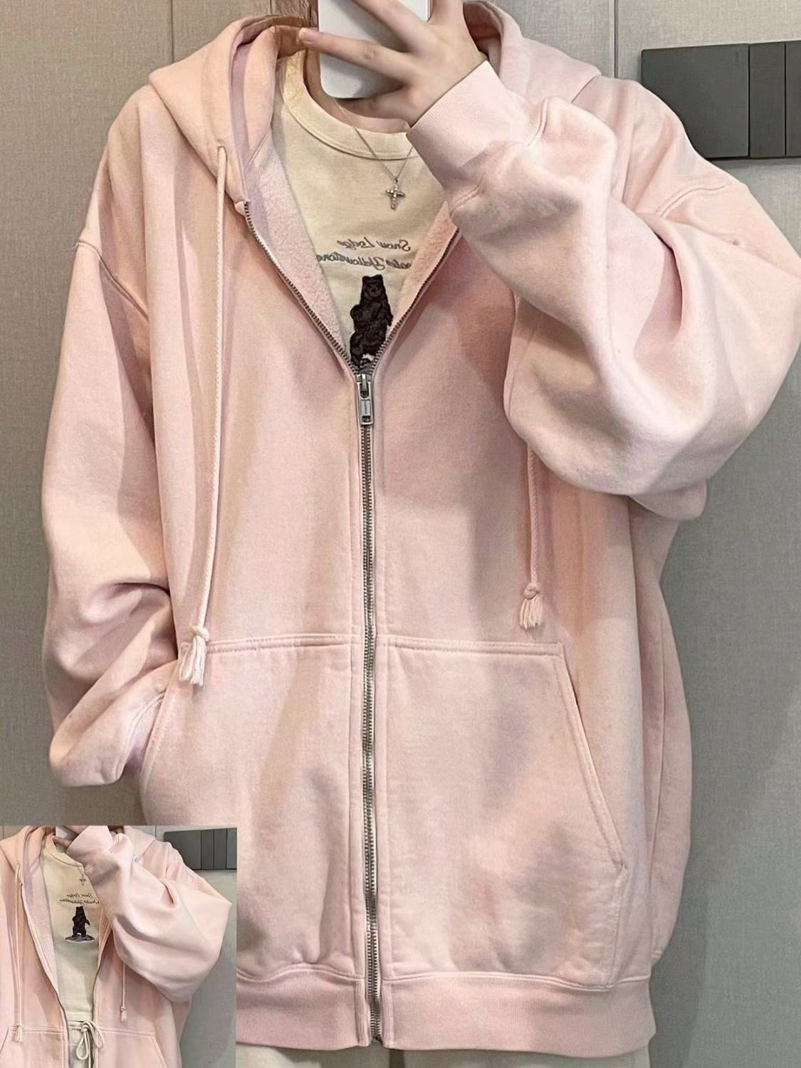 春秋款甜美淡粉色連帽衛衣外套女秋季寬鬆慵懶風顯瘦拉鏈開衫外穿
