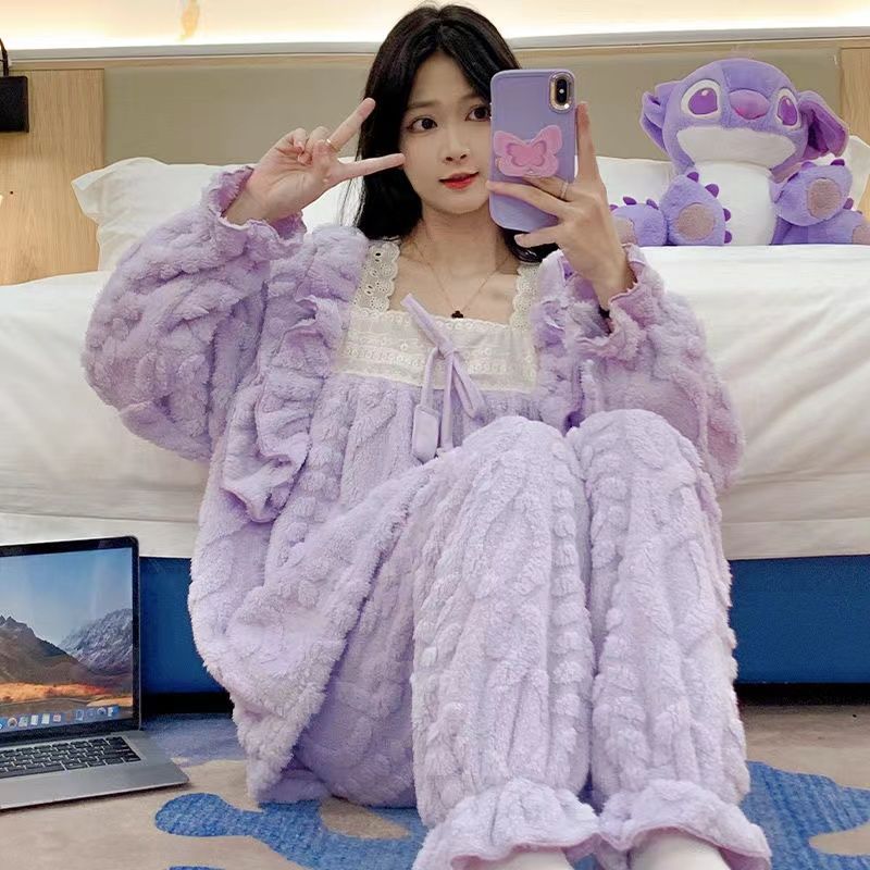 珊瑚絨睡衣女冬季公主風套裝秋冬款紫色法蘭絨保暖加厚家居服套裝