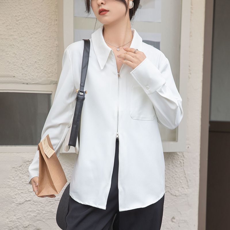 輕奢白色長袖襯衫女雙拉鏈設計感簡約襯衣春秋新款小香風內搭上衣
