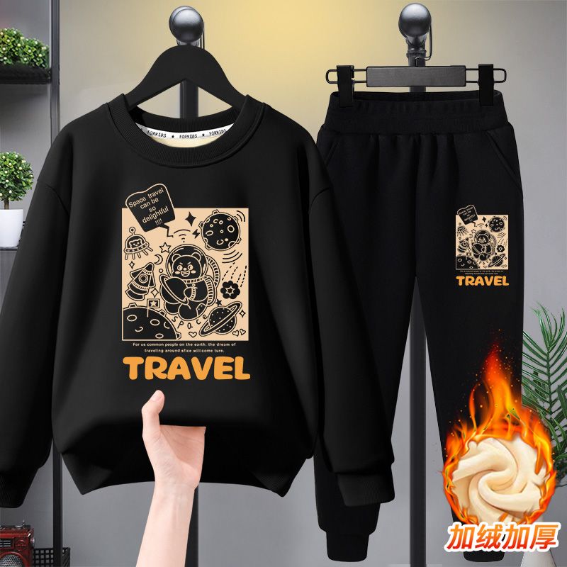 Boys' velvet suit 2023 autumn and winter new fashion style winter medium and large children's thickened warm sweatshirt and sweatpants winter clothing trend