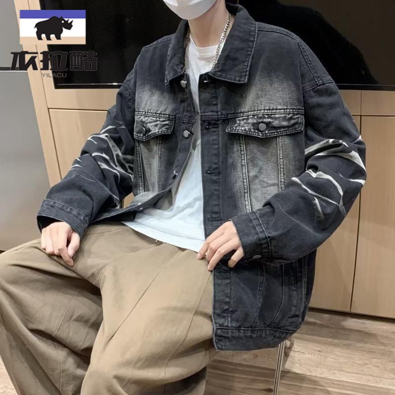 學生男美式復古漸變牛仔外套男春秋潮牌高級工裝夾克寬鬆休閒上服