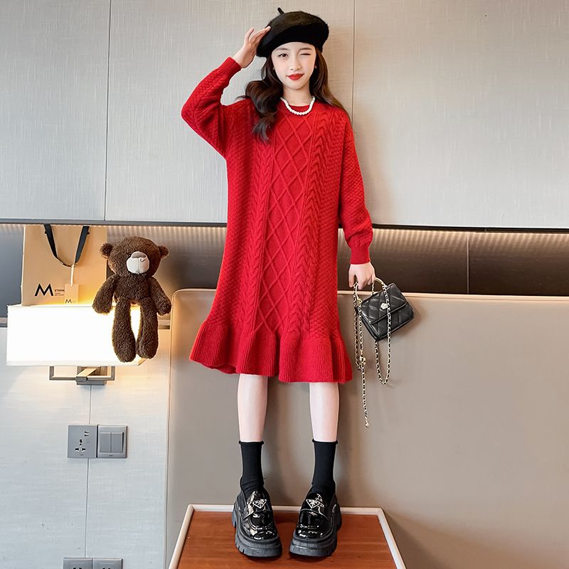 Girls' sweaters autumn and winter 2023 new medium and large children's loose medium and long sweaters children's fashionable internet celebrity dresses