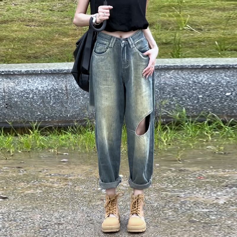 日系復古破洞牛仔褲女秋季設計感美式高腰闊腿褲直筒褲拖地長褲子