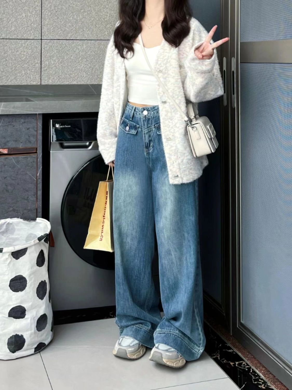 2023新款秋季時髦小眾設美式計感寬鬆牛仔褲女百搭高腰闊腿褲潮流