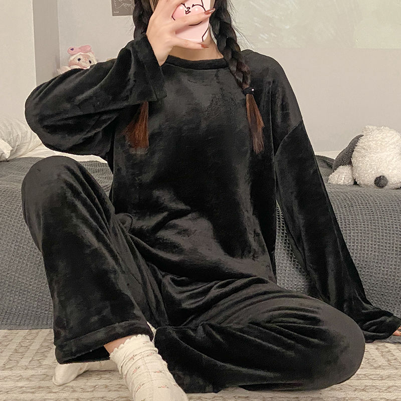 珊瑚絨睡衣女士秋冬季加厚加絨學生圓領卡通少女法蘭絨家居服套裝