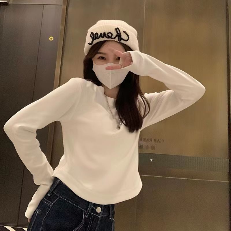 設計感小眾正肩長袖T恤女春秋冬內搭短款打底衫辣妹修身顯瘦上衣