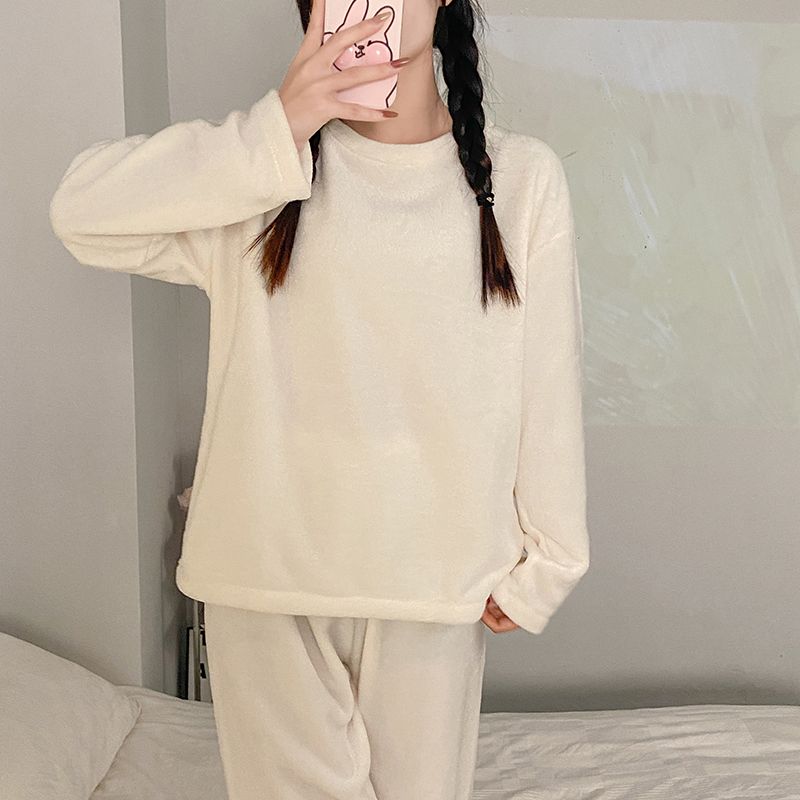 珊瑚絨睡衣女士秋冬季加厚加絨學生圓領卡通少女法蘭絨家居服套裝