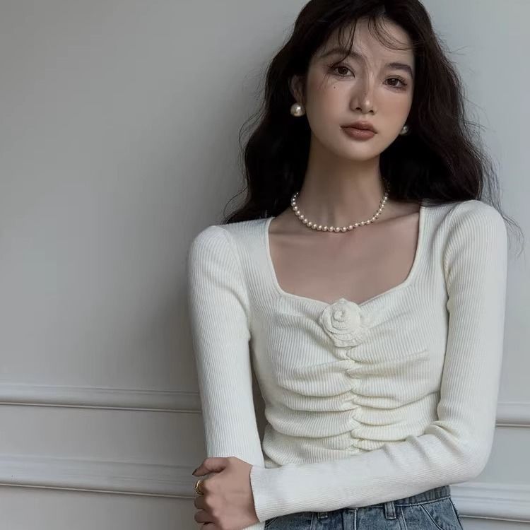2023秋冬新款不規則褶皺氣質百搭打底針織衫高級純色美拉德小香風